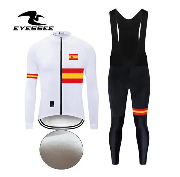Eyessee Мужской комплект Джерси для велоспорта Pro Team зимний комплект для велоспорта термальный флис Испания велосипедная одежда Maillot Ropa Ciclismo - Цвет: Long strap set