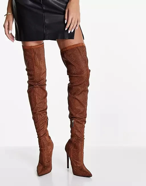 Женские высокие сапоги выше колена до бедра на высоком каблуке 12 см с кристаллами