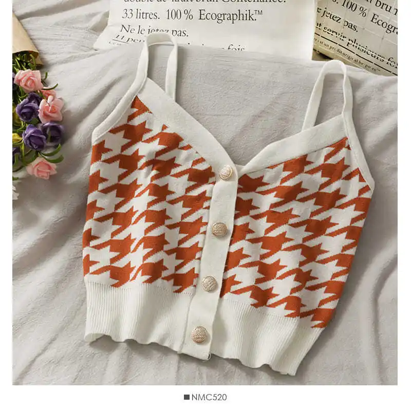 

Small Short Houndstooth Slimming Knit Small Vest Women 2021 New Single-breasted Inner Camisole Korean Tank Top