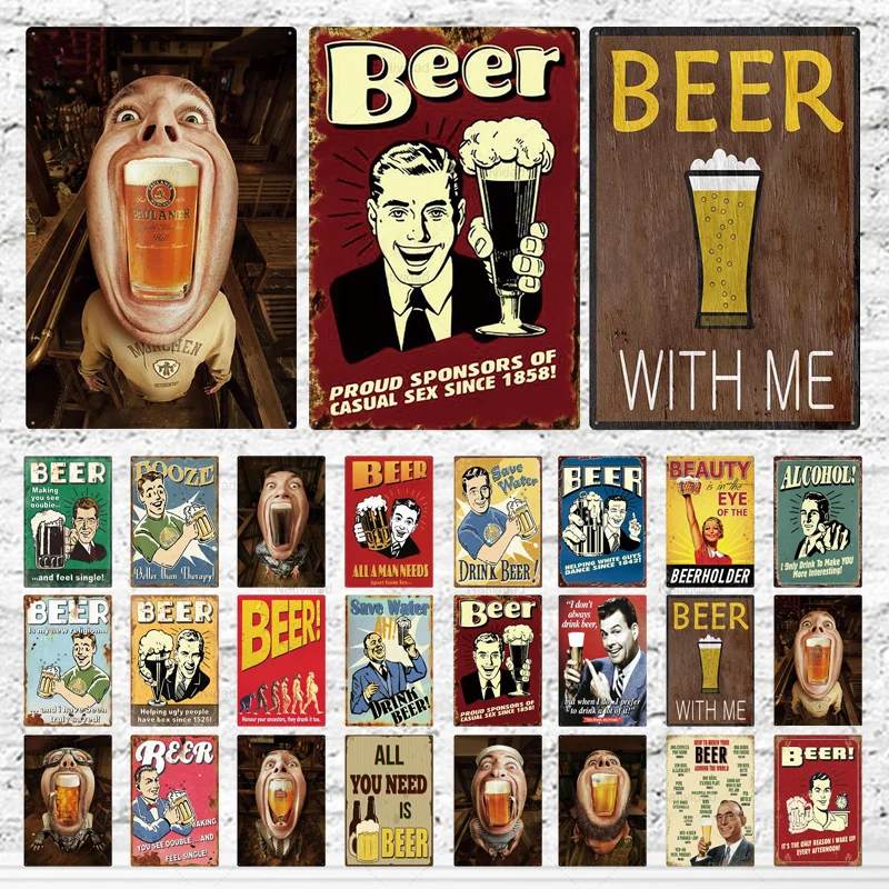 

Shabby Retro Funny Man Laughing with Beer Metal Vintage Tin Sign Iron Plaques Beer with Me Bar Pub Club Man Cave Decor Bbr-5