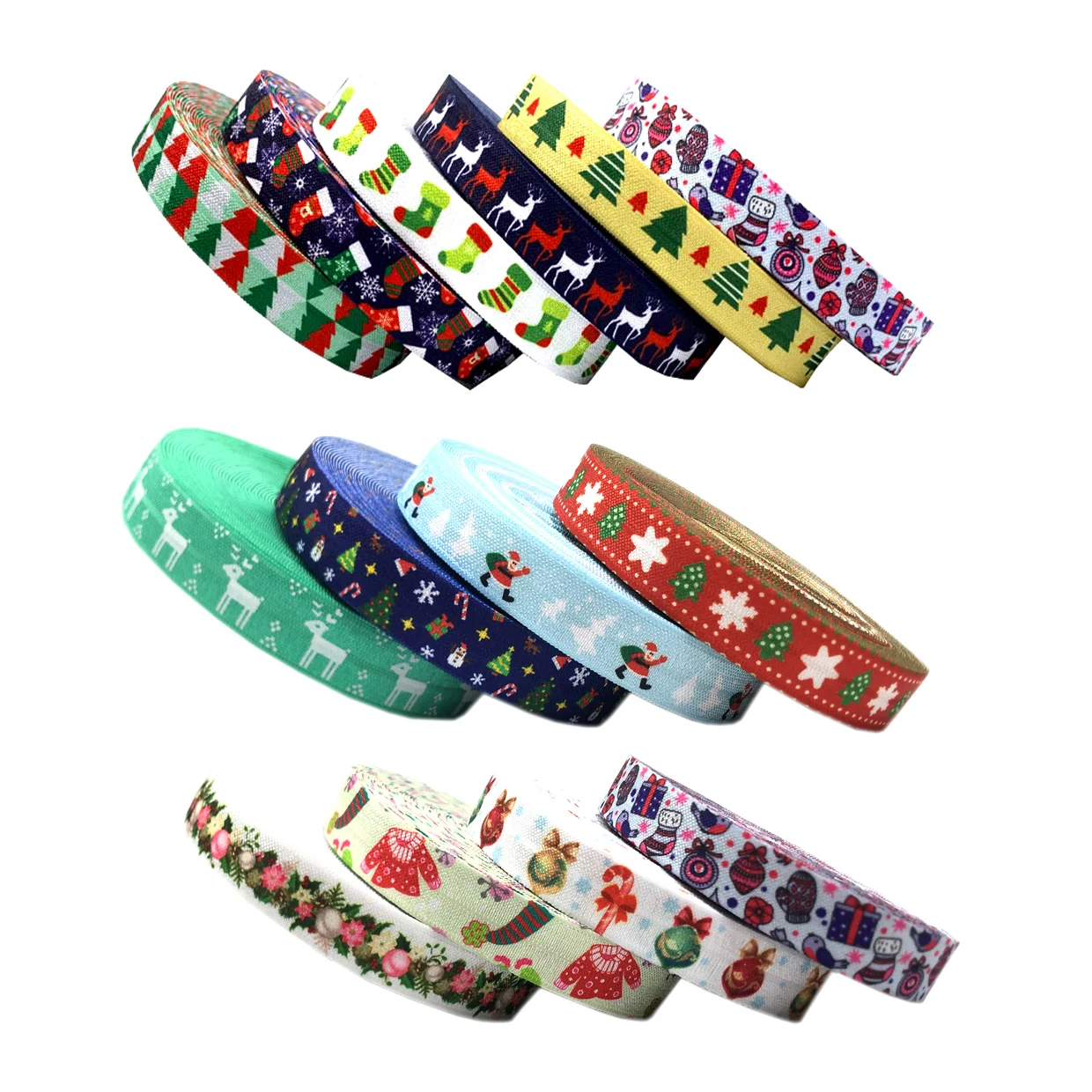 

10Y 60 Designs Christmas Fold Over Elastic Wholesale Santa Snowman Deer Jingle Bell Elastic for DIY Hair Accessories Gift Ribbon