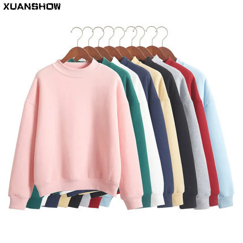 XUANSHOW Autumn Women's Daily Pullover Sweatshirt Korean Plain Casual Hoodies Sweatshirts Long Sleeve Loose Students Clothes