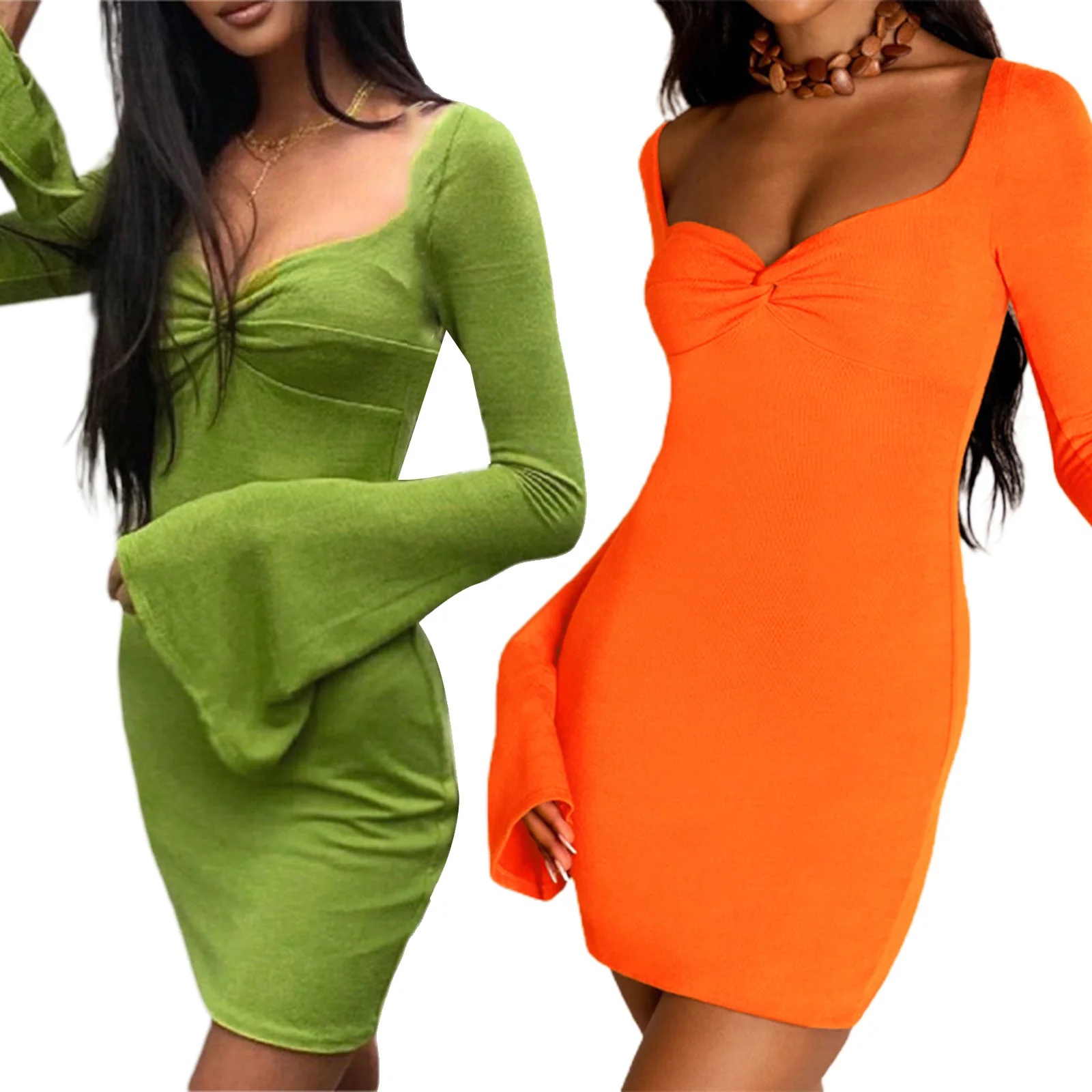 

Women’s Casual Trumpet Sleeve Skinny Dress Fashion Solid Color Square Collar Short Dress 2021 New Fashion