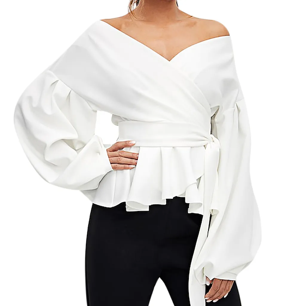 

Women Fashion Long Sleeve Strapless V-neck Lantern Sleeve Bow Belt Bandage Tops Top Женский Топ Top De Mujer Блузка Женская 2021