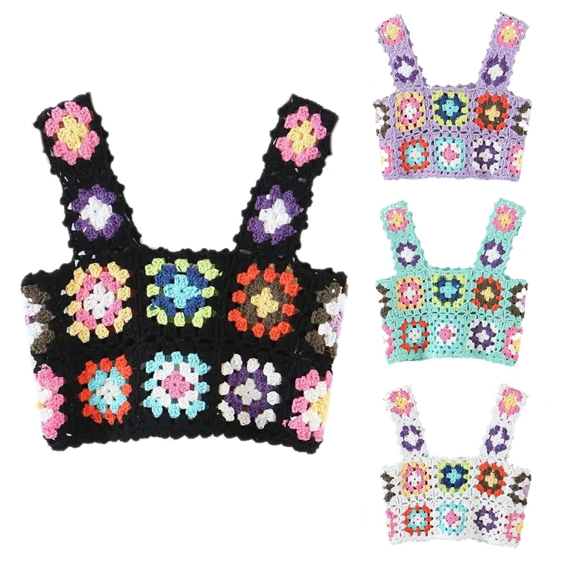 

K5DA Women Crochet Tank Top Multicolor Floral Knit Vest Slim Beach Cropped Cami Shirt