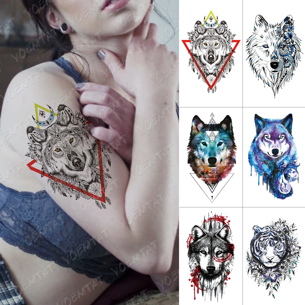 

Водостойкая временная татуировка наклейка Волк тигр животное флеш-тату лесная лиса боди-арт рука переводная поддельная татуировка для жен...