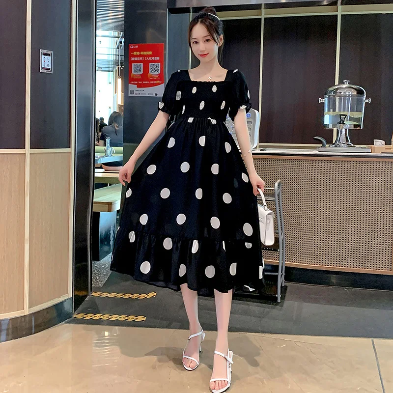 Vestido largo de maternidad A la moda coreana para mujer embarazada, ropa elegante de corte en A para embarazo, dulce lunares, verano, 9398, #2021-1