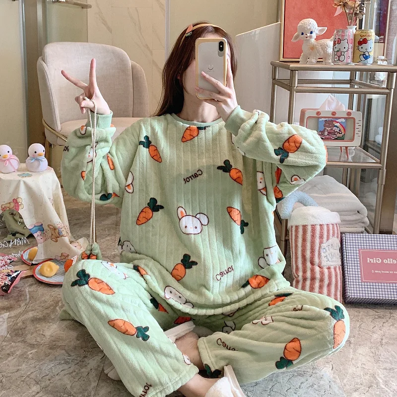 

2021 NEW Woman Flannel Pajamas Winter Pajama Sets Pink Cute Cartoon Animal Thick Sleepwear Woman Casual Homewear pijama PJS 2PC