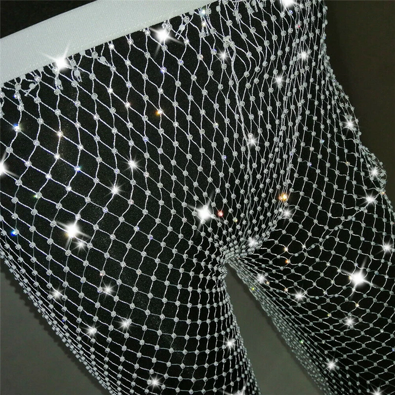 

Women Fishnet Diamond Shiny Elastic Beach Cover Pants Party Long Trousers Sexy Elastic Fishnet See Through Hollow Club Trousers