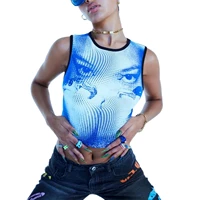 womens summer personality printing vest polyester causal round neck exposed navel sleeveless tops