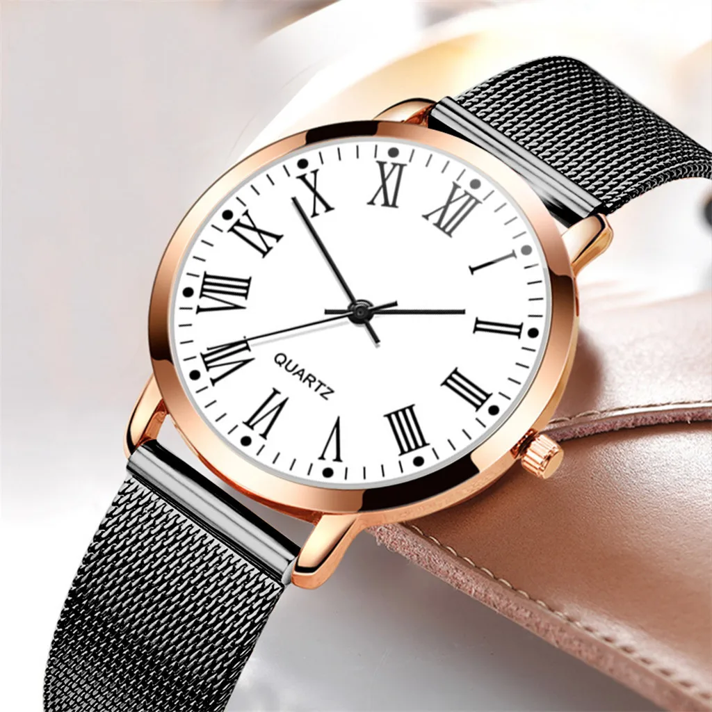 

Female Mesh Belt Watch Quartz Analog Round Watch steel Bracelet Business Ladies Women Watches Fashion Retro Roman numeral dial
