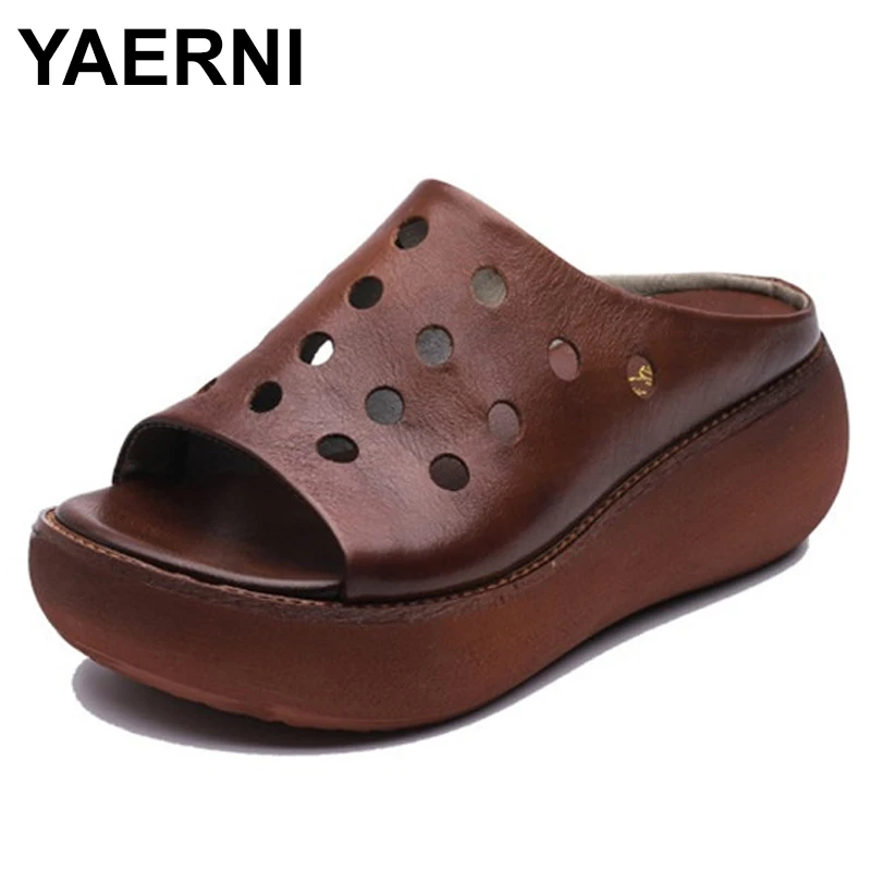 

YAERNIplatform slippers open shoes woman new2020hollow genuine leather wedge sandals women sandals slippers