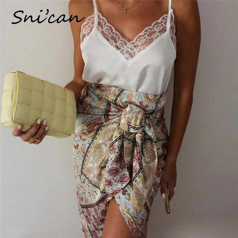 Юбка-миди Асимметричная составного кроя с узлами высокой талией и Пейсли-принтом