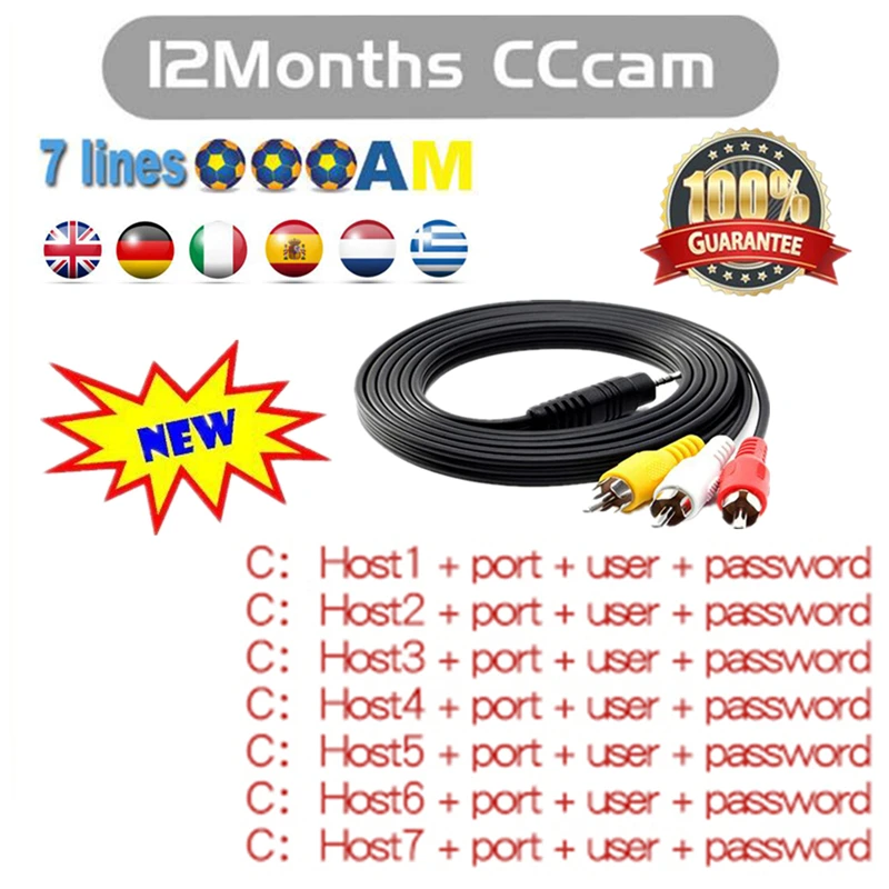 Европа 10 линий HD av-кабель для спутникового ресивер для cсcam линий 1 года DVB-S2 Европа Клайн для Бесплатный комплект V8 V7