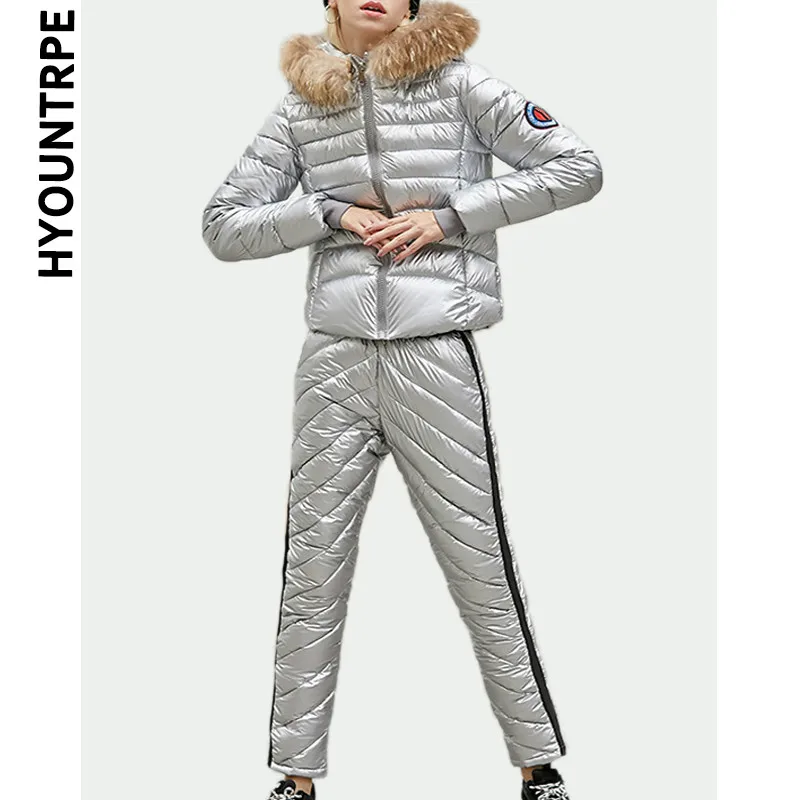 Зимние теплые комплекты из 2 предметов Женская металлическая Серебряная куртка