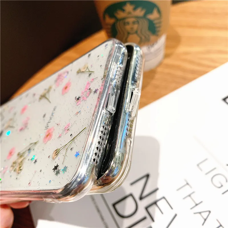 Реальный сухой цветок блеск прозрачных чехлов для iPhone 12Pro 11 Pro Max 8 7 6 6S Plus X XR XS