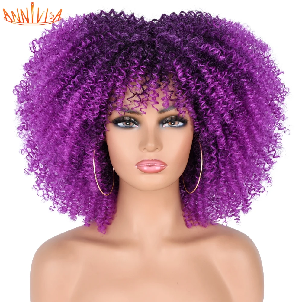 

14” Short Hair Afro Kinky Curly Wig With Bangs For Black Women African Synthetic Ombre Glueless Cosplay Wigs Annivia