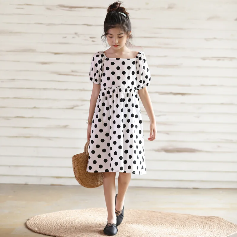 

Teenager Girl Cute Dot Long Dresses 2021 Kids Summer Loose Holiday Beach Clothing Square Collar For Gilrs School Casual Dress