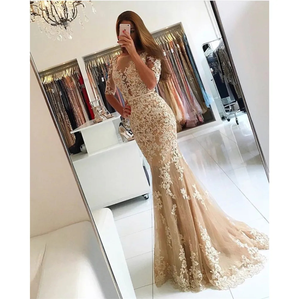 HONGFUYU Lace Champagne Evening Dresses Half Sleeves Mermaid Party Prom Dress Women's Formal vestido de festa Appliques | Свадьбы и