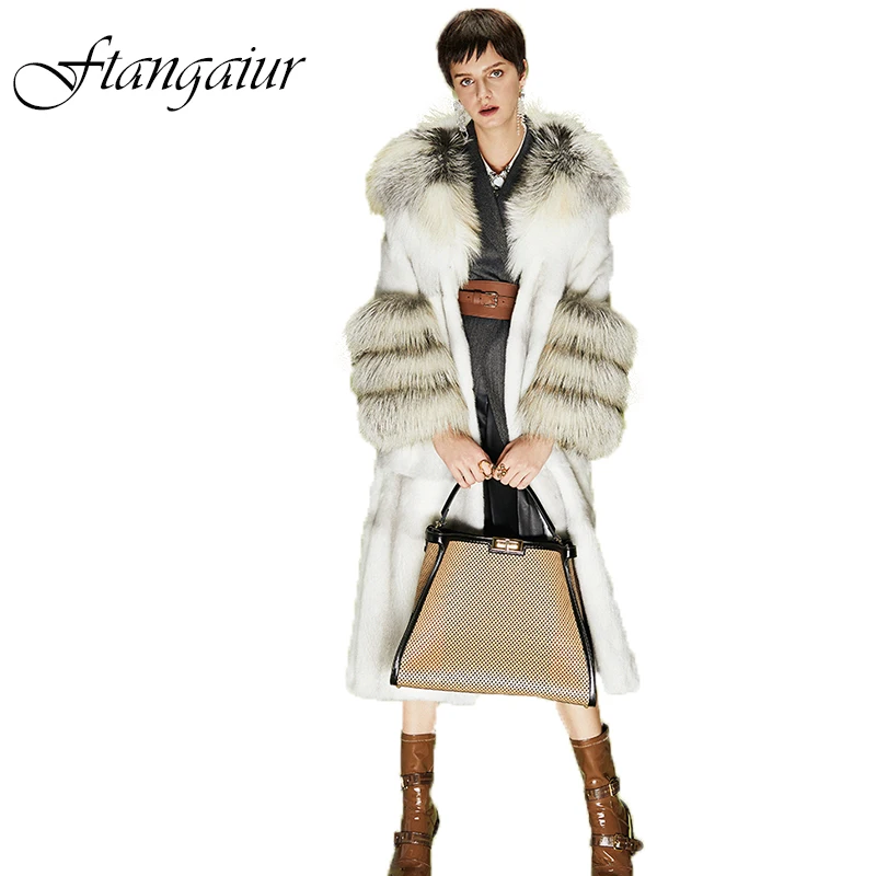 

Ftangaiur New Winter Import Velvet Mink Fur Coat With Fox Fur Hood Fox Sleeve Loss Mink Coat Women X-Long Real Mink Fur Coats