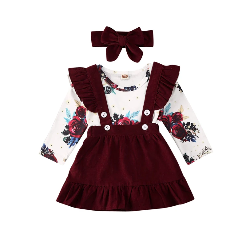 

3Pcs Infant Kids Baby Girls Outfits Cute Floral Long Sleeve Bodysuit Tops + Suspender Skirt + Headband Newborn Set Clothing