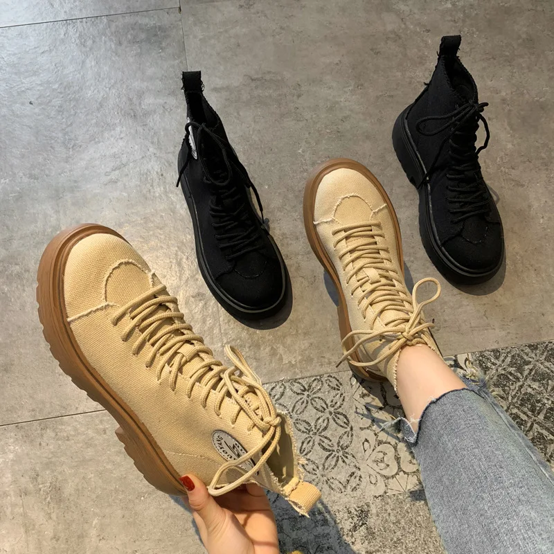 Женские парусиновые ботинки; ботильоны для женщин; Zapatos de mujer; модные однотонные Ботинки martin с круглым носком; повседневные мотоциклетные ботинки