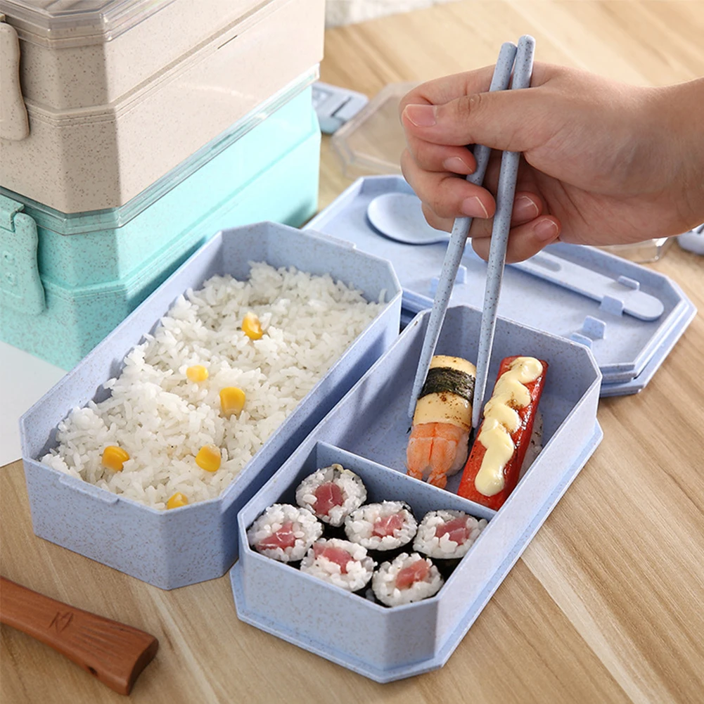 2Tier Portable Wheat Straw Kids Lunch Box for Kids Food Container Lunchbox Case Storage Organizer Bento Box Food Box Container