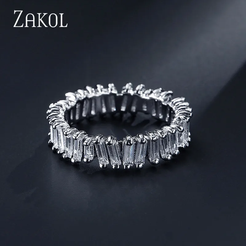 ZAKOL Модные Роскошные Очаровательные AAA багет кубического циркония палец кольцо для женщин мужчин Cz вечерние ювелирные изделия для свадьбы FSRP2046