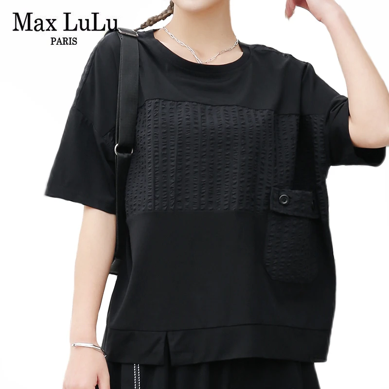 

Max LuLu Japan Fashion New Style Summer Tops Women Spliced O-Neck Tee Ladies Black Casual Tshirt Female Button Clothing Big Size