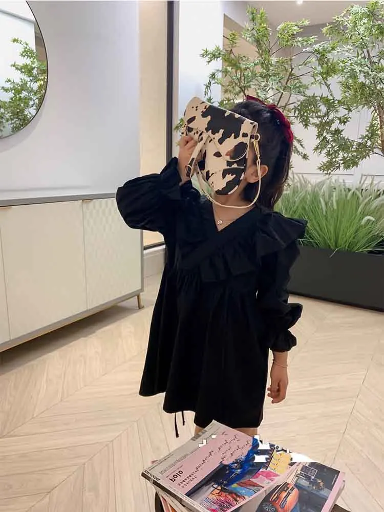 

Toddler Kids Baby Girl Autumn Dress Ruffles Long Sleeve V Neck Solid Cotton Linen Party Casual Dress Clothes 2-6Y