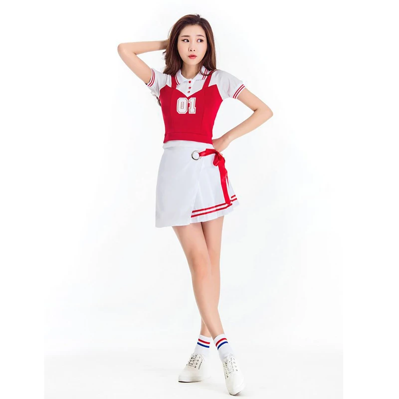 

Cheerleader Team Dance Clothing Sports Costumes Tennis Slim Mini Skirts Tide 2Pcs Sets Suit Red White 2021 Anime Cosplay Costume