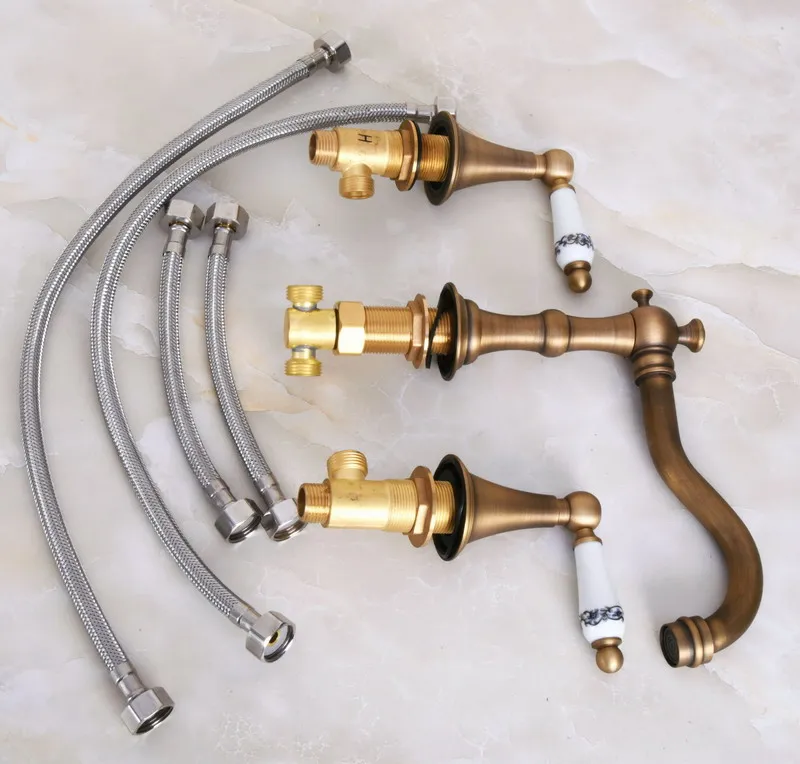 Vintage Retro Antique Brass Deck Mounted Dual Handles Widespread Bathroom 3 Holes Basin Faucet Mixer Water Taps man085 | Обустройство