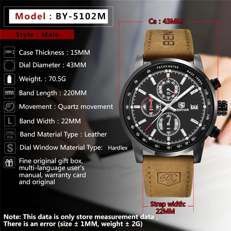 Мужские спортивные водонепроницаемые кварцевые часы с хронографом на кожаном