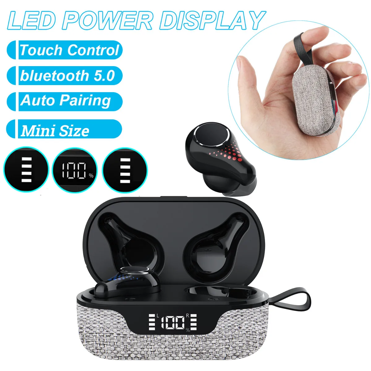 

TWS-наушники Bluetooth 5,0, тканевые, со светодиодный ным дисплеем, Беспроводная стереогарнитура, спортивные наушники с зарядным чехлом, сенсорное ...