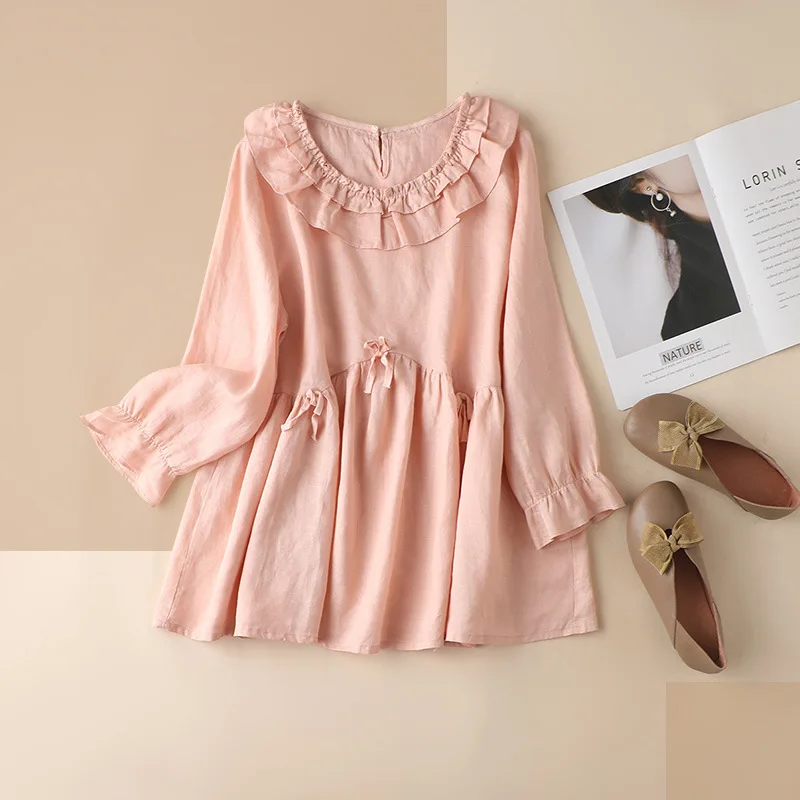 

SHUCHAN Long Sleeve Top Women Lolita Style Double-layer Three Quarter Sleeve Linen Solid Appliques Women Blouses