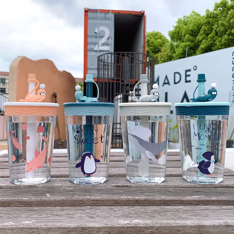 450 мл бутылка для воды студентов мультяшный Пингвин кит дельфин соломинка с
