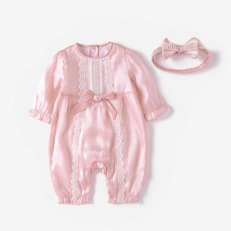 

Children's clothing infant clothing spring new baby girl one-year-old dress lace baby one-piece with hair band
