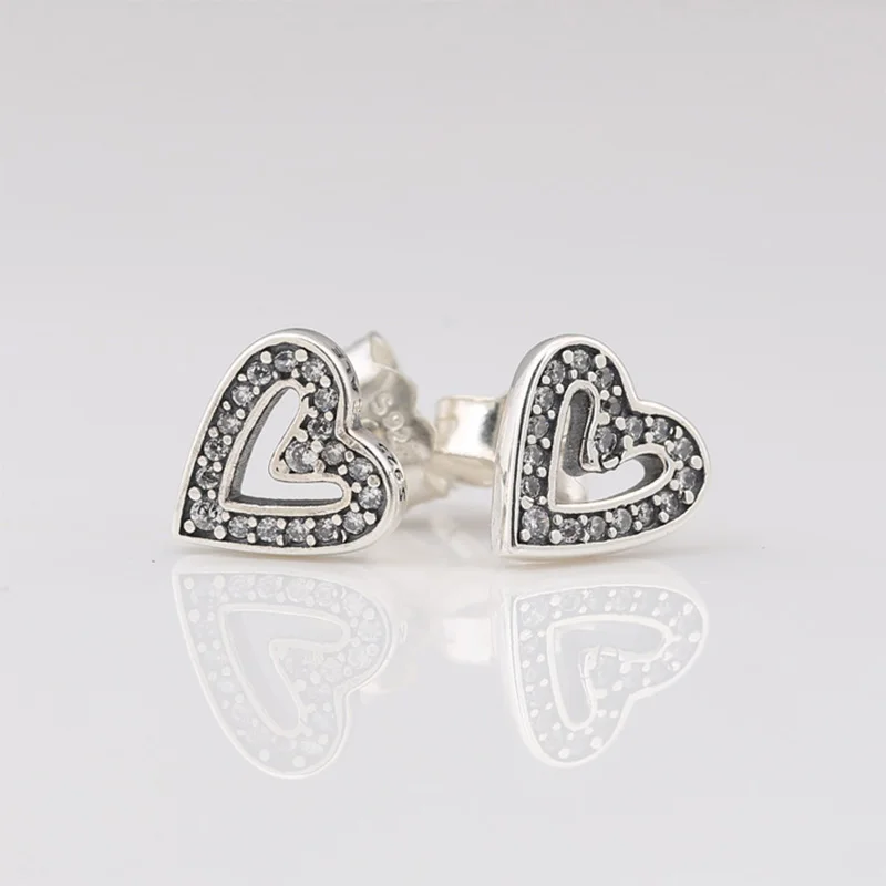 

Fashion Accessories 925 Sterling Silver Clear CZ Sparkling Freehand Heart Stud Earrings DIY Jewelry Making For Pandora