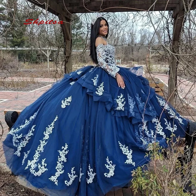 Темно-синее кружевное платье Quinceanera с длинным рукавом бальное Тюлевое принцессы