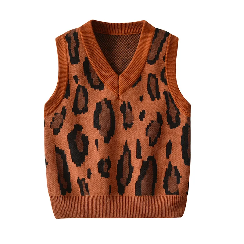 Детский трикотажный жилет без рукавов с леопардовым принтом и V образным