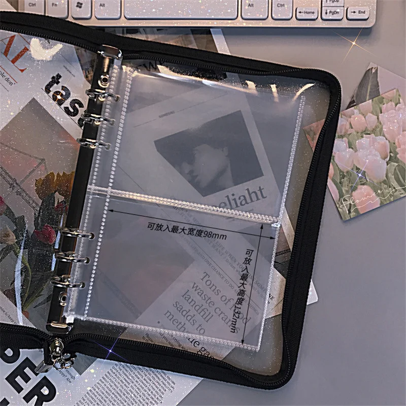 

Black Cute Zip Bag with 5pcs Bag Transparent Loose Leaf Binder Notebook Inner Core Cover Note Book Planner Office Stationery