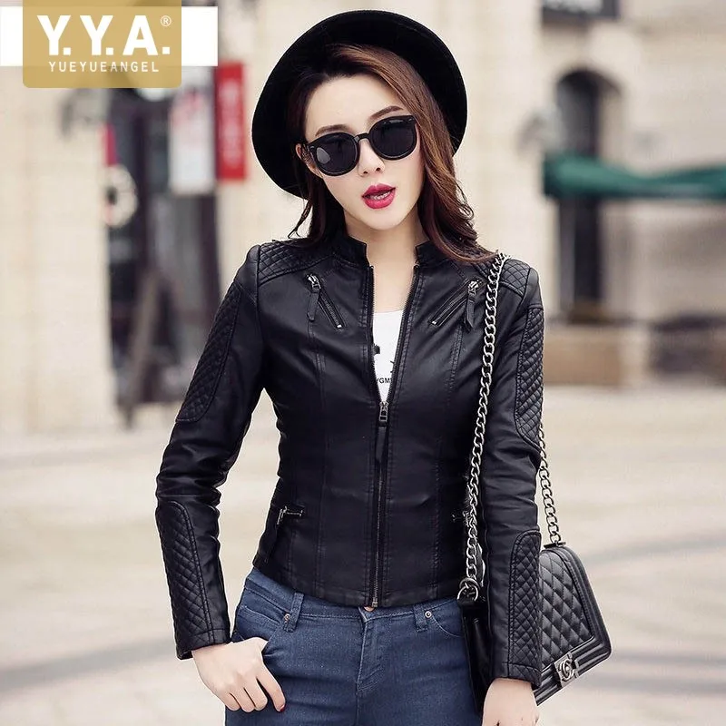 

Autumn Long Sleeve Slim Fit Stand Collar Pu Leather Jacket Women Zip Motorcycle Short Jackets Street Black Coat Casual Outerwear