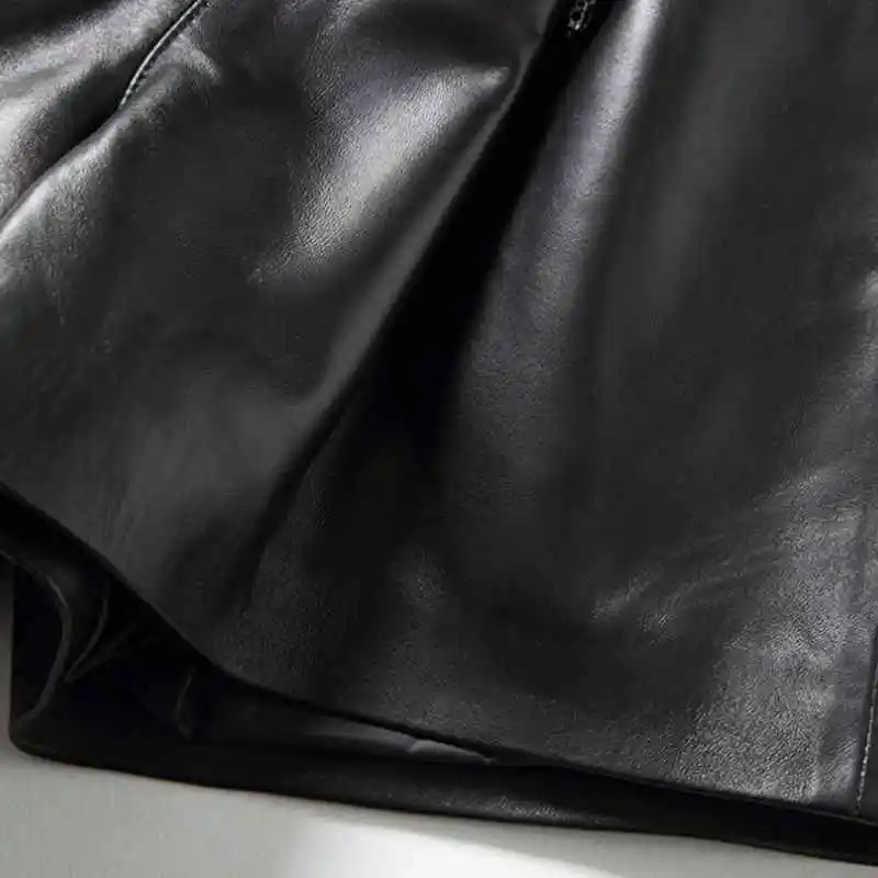 2021 New Fashion Womens Sexy Black Genuine Leather Sheepskin Lace Up Slim High Quality Female Straight Shorts Skirts 3XL