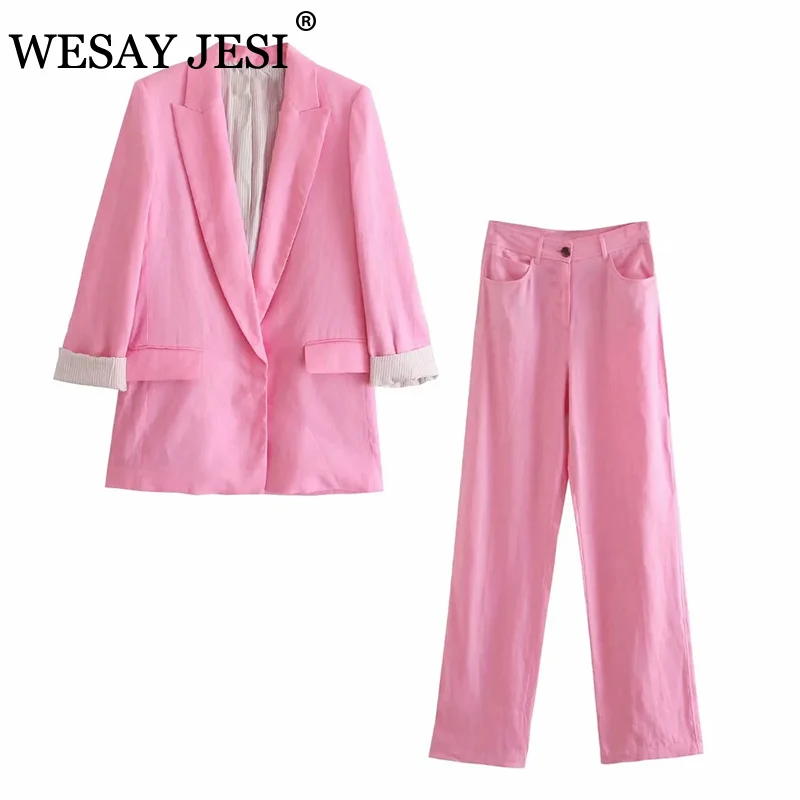 

WESAY JESI Za Women's Sets 2021 Spring Autumn Fashion Two Piece Pink Green Blazer And High Waist Pants Sets Woman Blazer Outfits