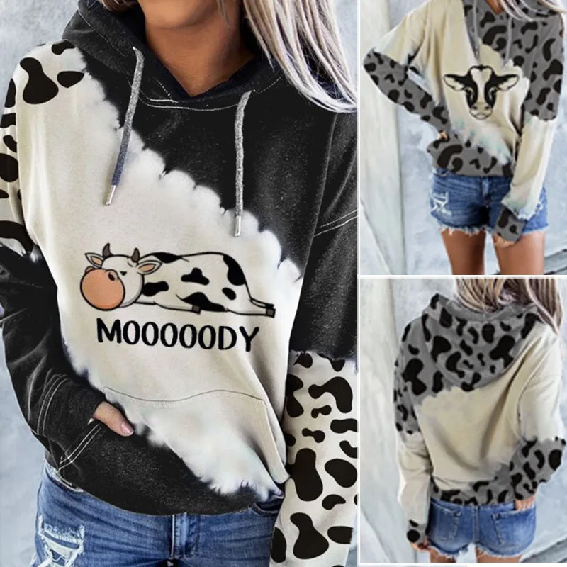 

MOOOOODY Cow Printed Cute Hoodie For Women 2021 Spring Women's Funny Cow Print Hoodie Pullover Top Pocket Sweatshirt
