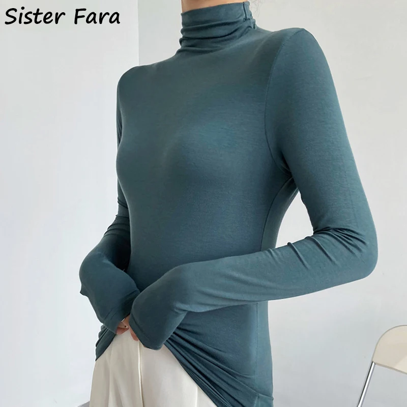 

Sister Fara New Spring Autumn Elegant Mock Neck Thin Knitted Shirt Women's Slim Knit Top Female Solid All-match Pullover Shirt