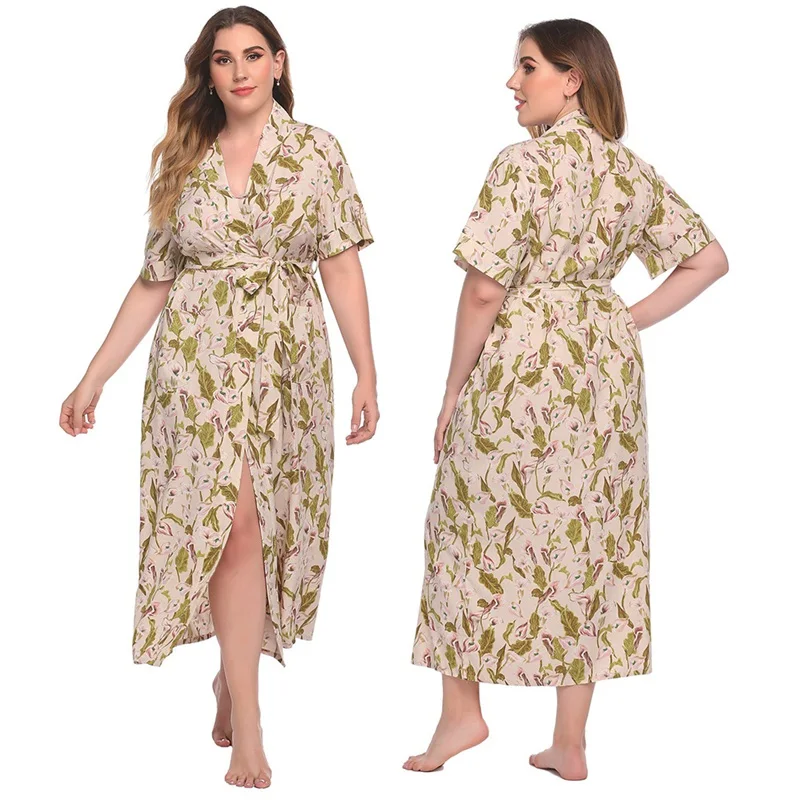 

Sexy Lingerie Women Plus Size Robes Loose Nightgown Set Short Sleeve Print And Long Style Lounge Homewear