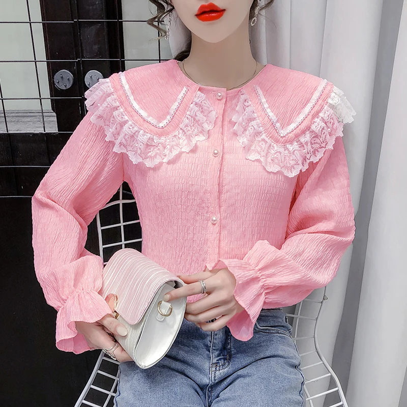 

Women Blouse Shirt New 2021 Spring Long Sleeve Doll collar Chiffon Tops Fashion Casual Lace Tops Plus Size Blusas