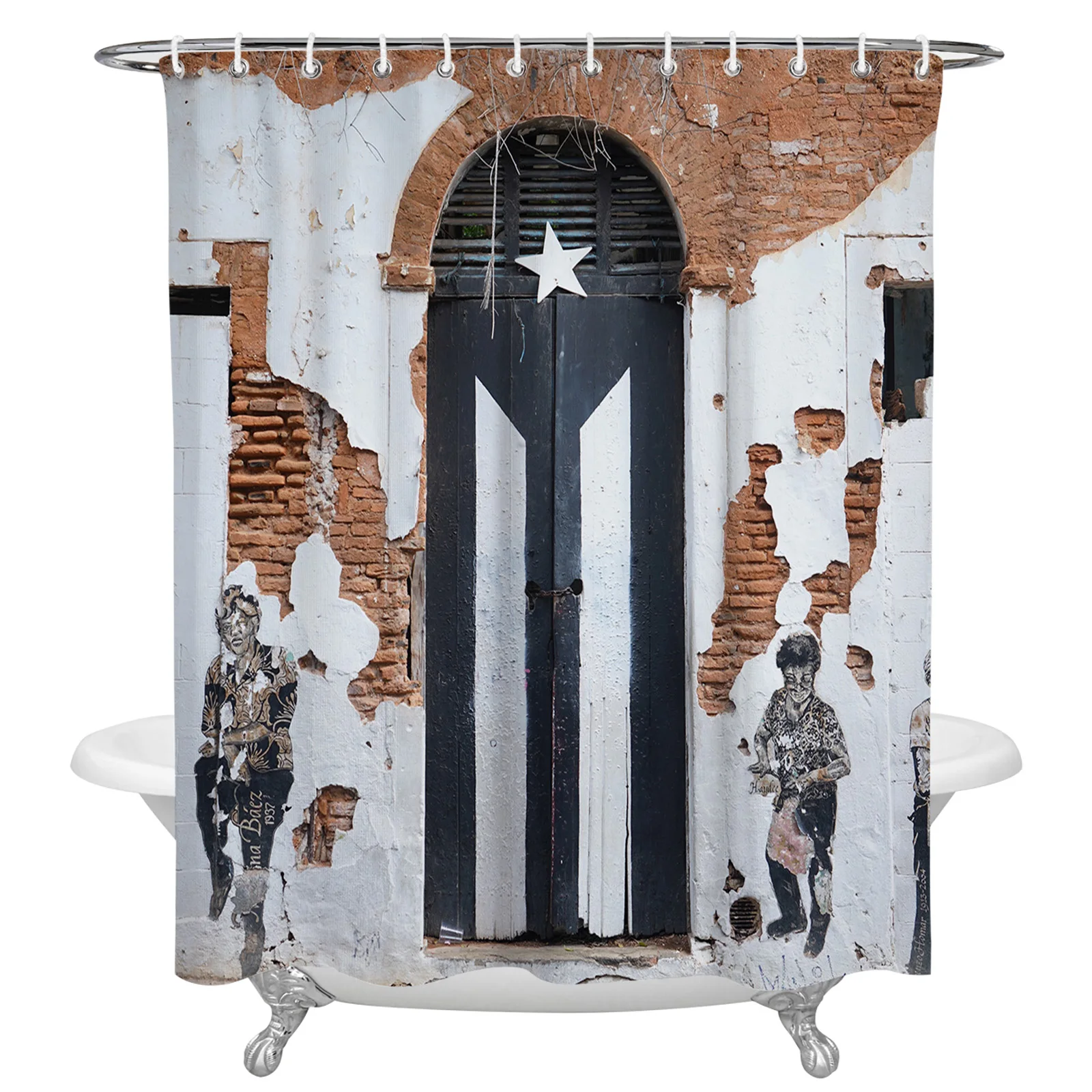 

Puerto Rico Wooden Door Oil Painting Shower Curtain Home Bath Decorative Waterproof Polyester Fabric Bathroom Curtain