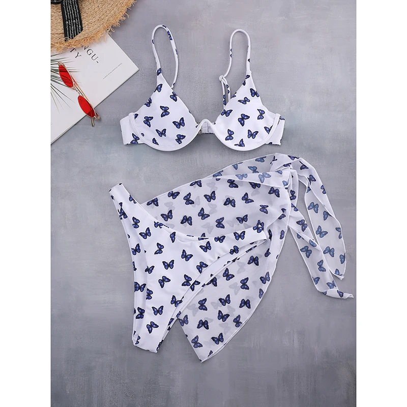 

Rivertrip Three Piece Bikini Set Push Up Women's Swimsuits 2021 V-neck Swimwear High Cut Bathing Suits Butterfly Print Cover Up